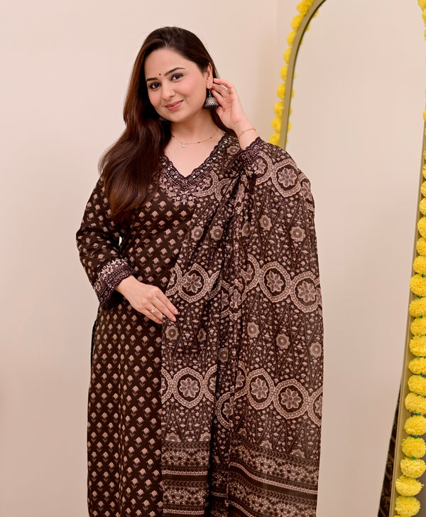 Mocha Brown Blossom Floral Cotton Suit