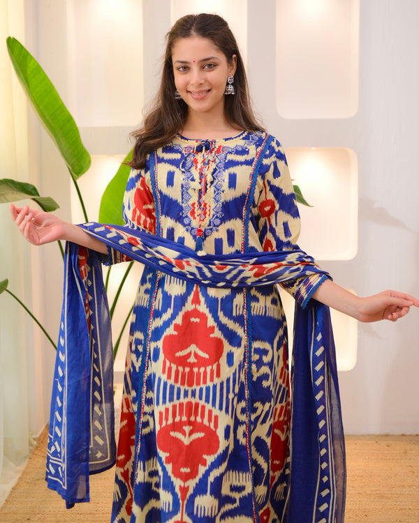 Blue Baroque A Line Handwork Cotton Suit