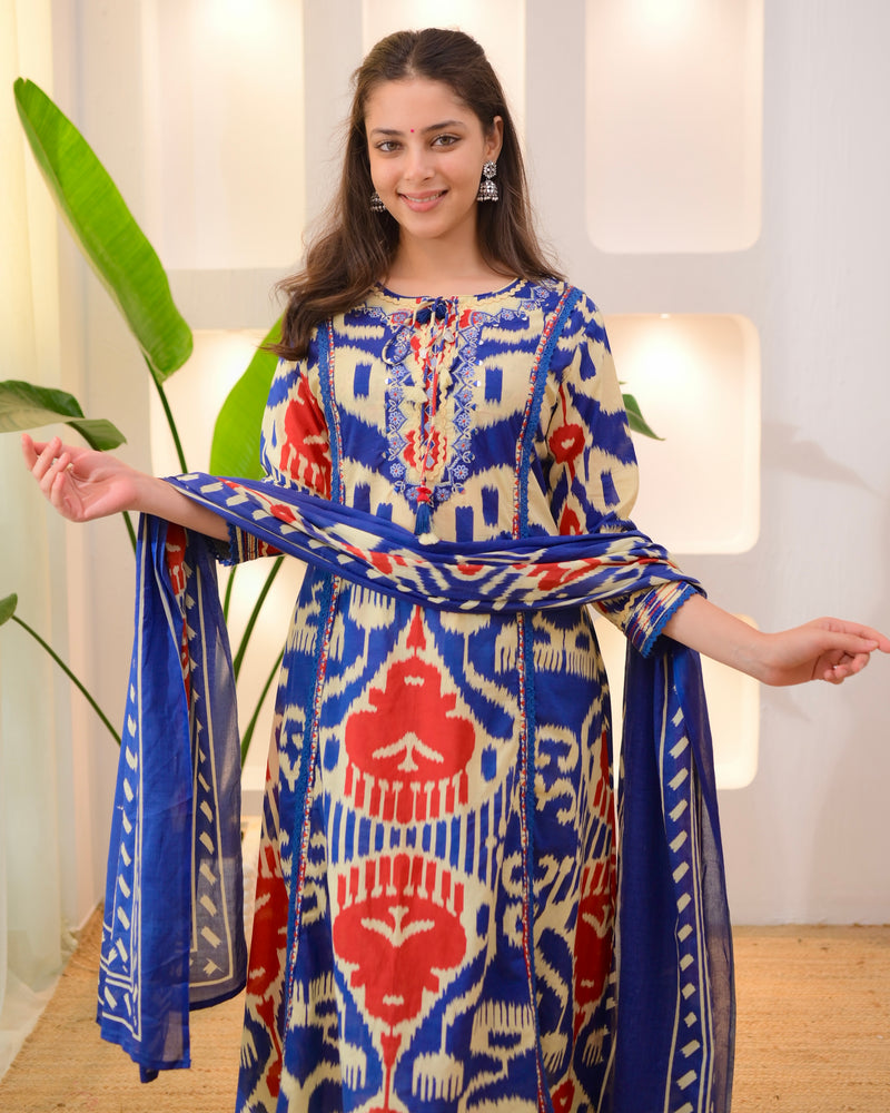Blue Baroque A Line Handwork Cotton Suit