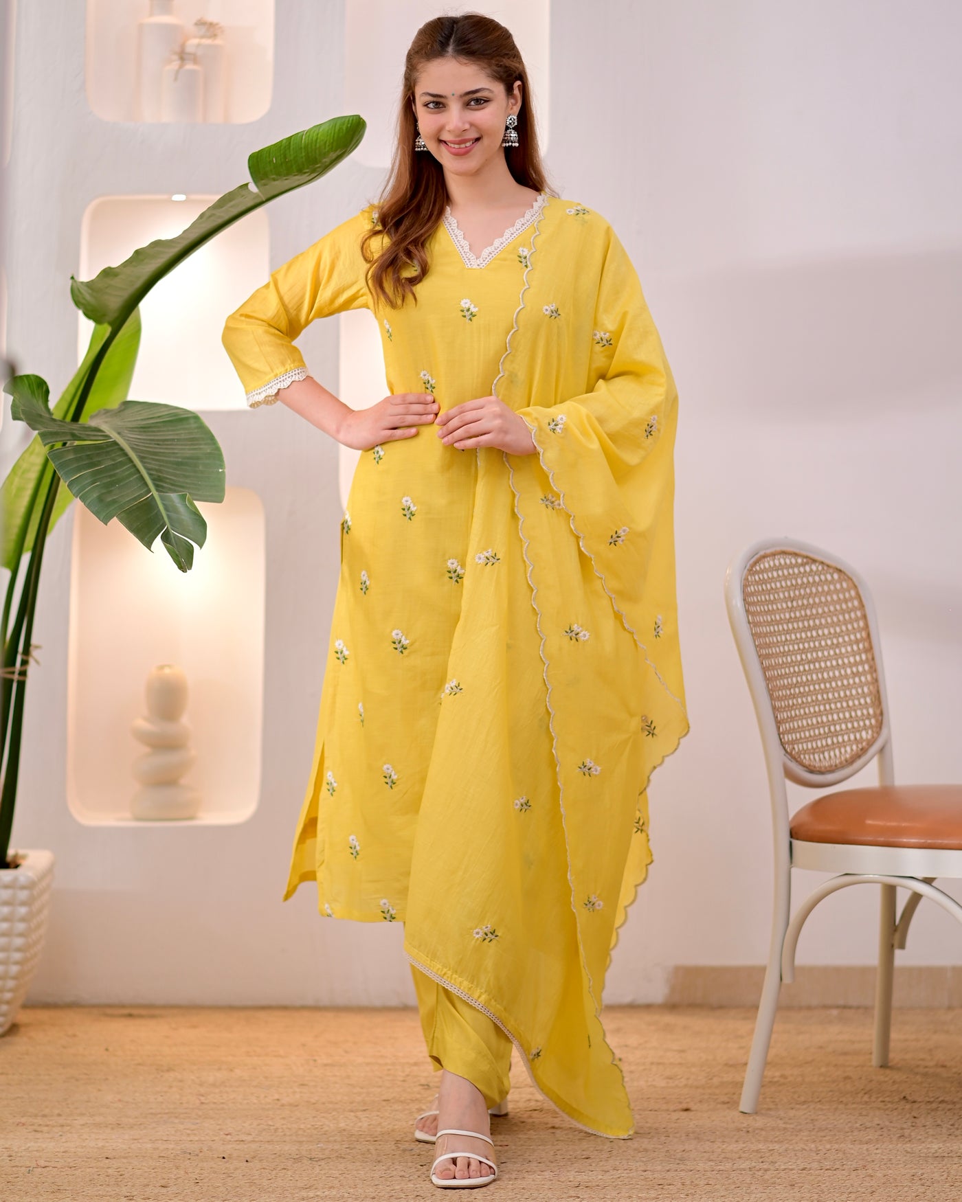 Sunlit Daisy Mul Chanderi Threadwork Suit