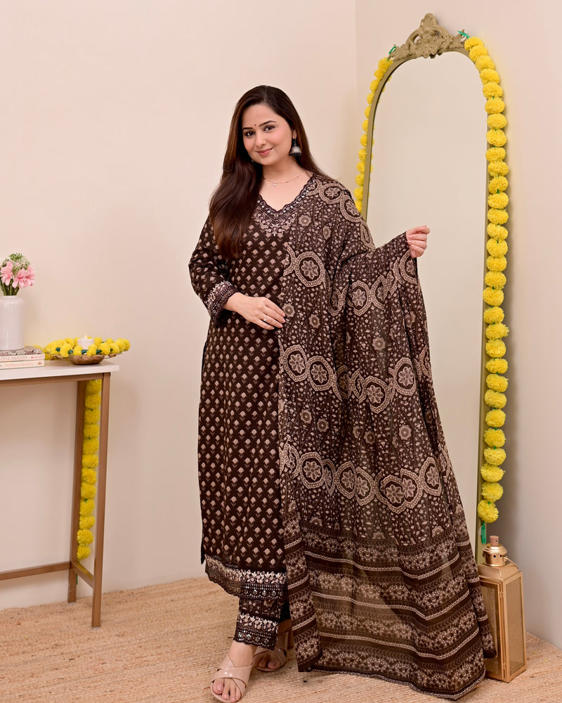 Mocha Brown Blossom Floral Cotton Suit