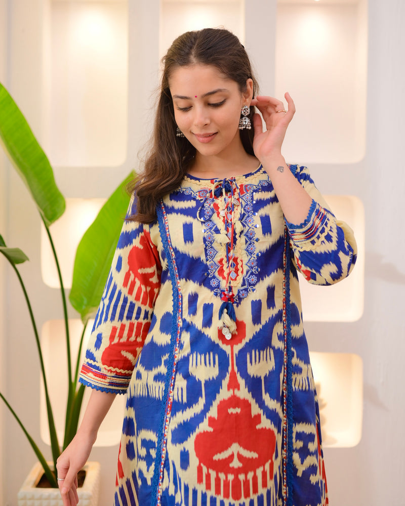 Blue Baroque A Line Handwork Cotton Suit