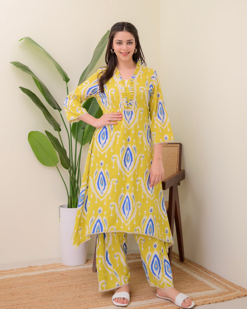 Yellow Baroque A Line Cotton Kurta Set