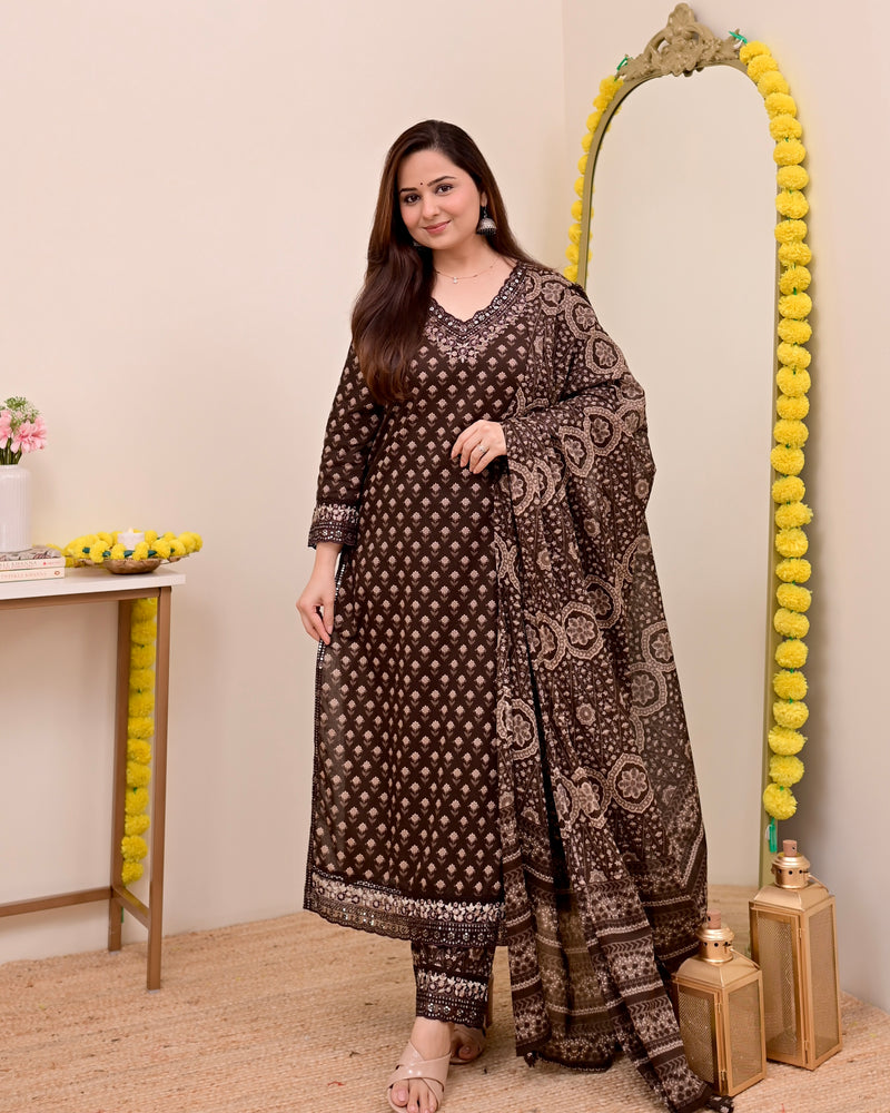 Mocha Brown Blossom Floral Cotton Suit