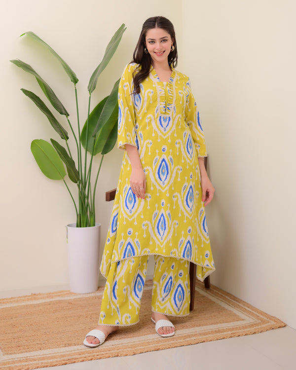 Yellow Baroque A Line Cotton Kurta Set