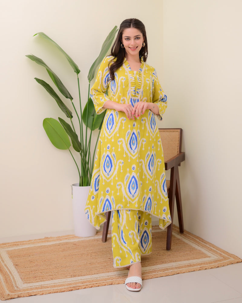 Yellow Baroque A Line Cotton Kurta Set
