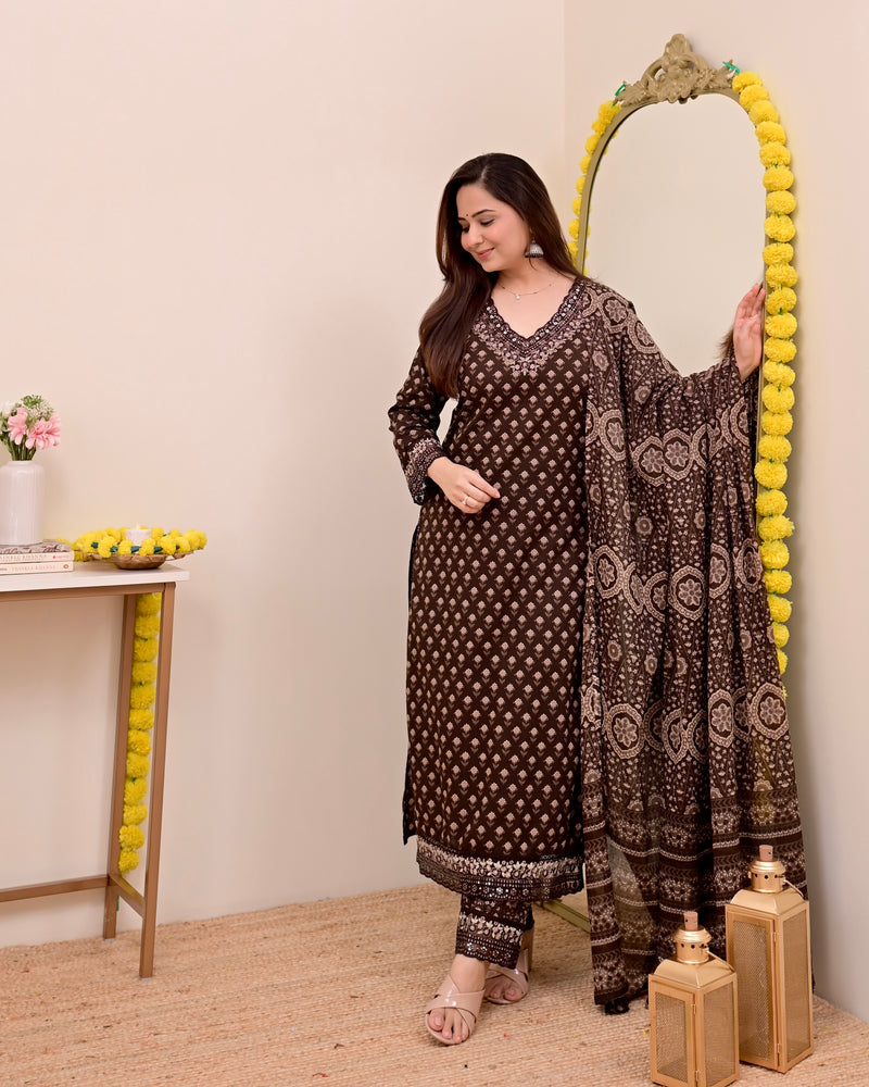 Mocha Brown Blossom Floral Cotton Suit