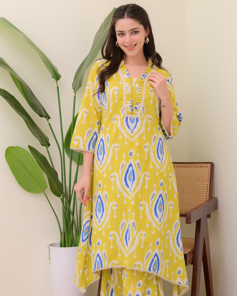 Yellow Baroque A Line Cotton Kurta Set