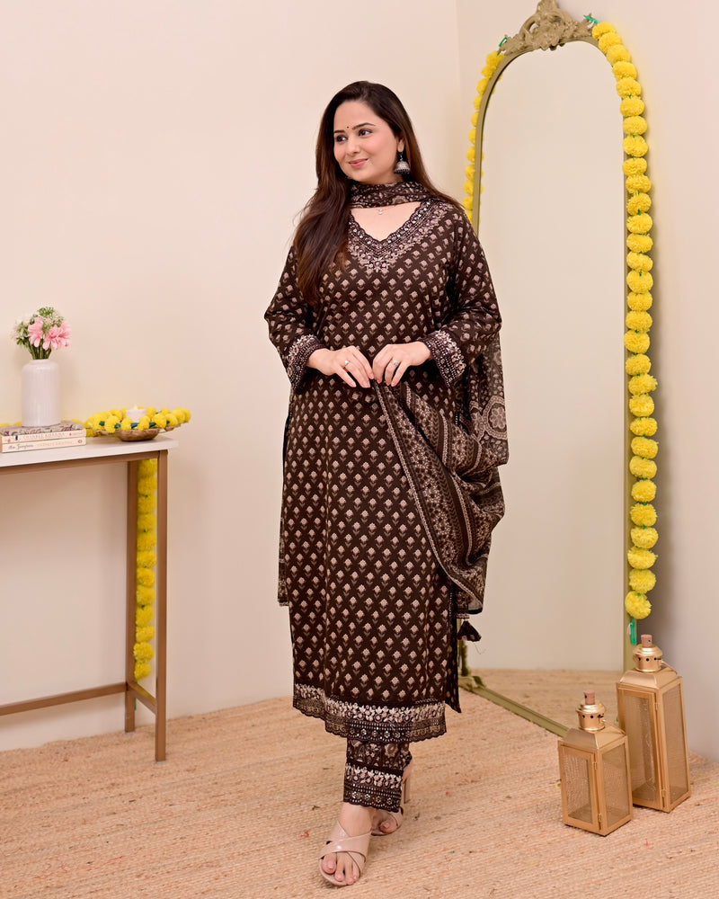 Mocha Brown Blossom Floral Cotton Suit