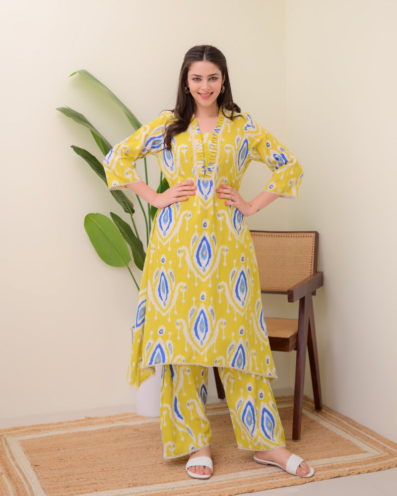 Yellow Baroque A Line Cotton Kurta Set