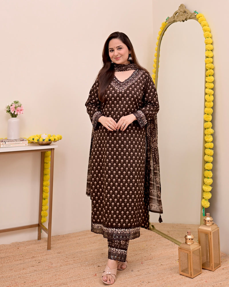 Mocha Brown Blossom Floral Cotton Suit