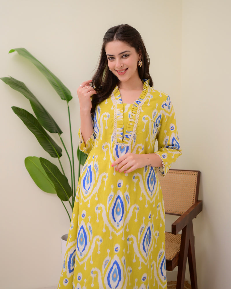 Yellow Baroque A Line Cotton Kurta Set