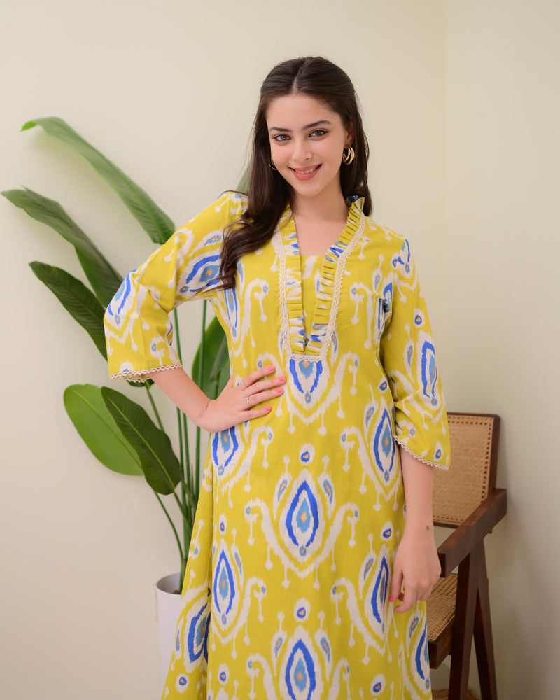 Yellow Baroque A Line Cotton Kurta Set