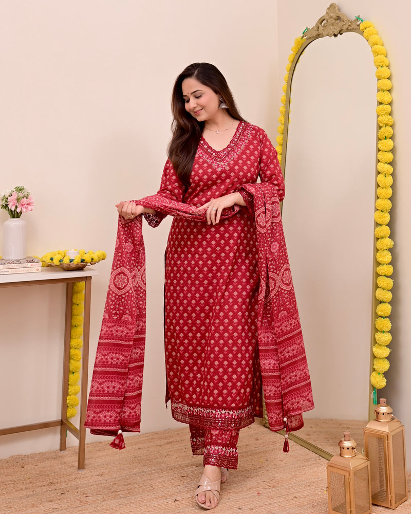 Crimson Red Charm Floral Cotton Suit