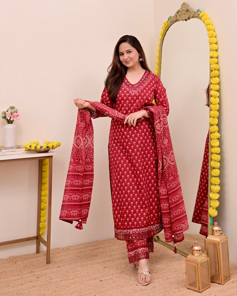 Crimson Red Charm Floral Cotton Suit