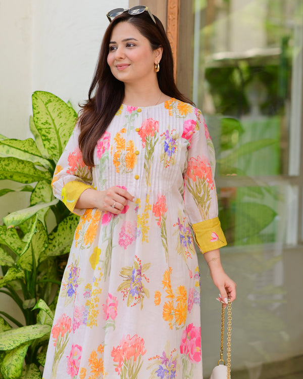 Yellow Pastel Garden Mul Cotton A Line Kurta Set