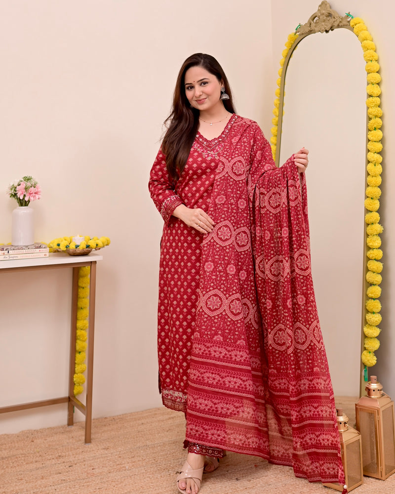 Crimson Red Charm Floral Cotton Suit