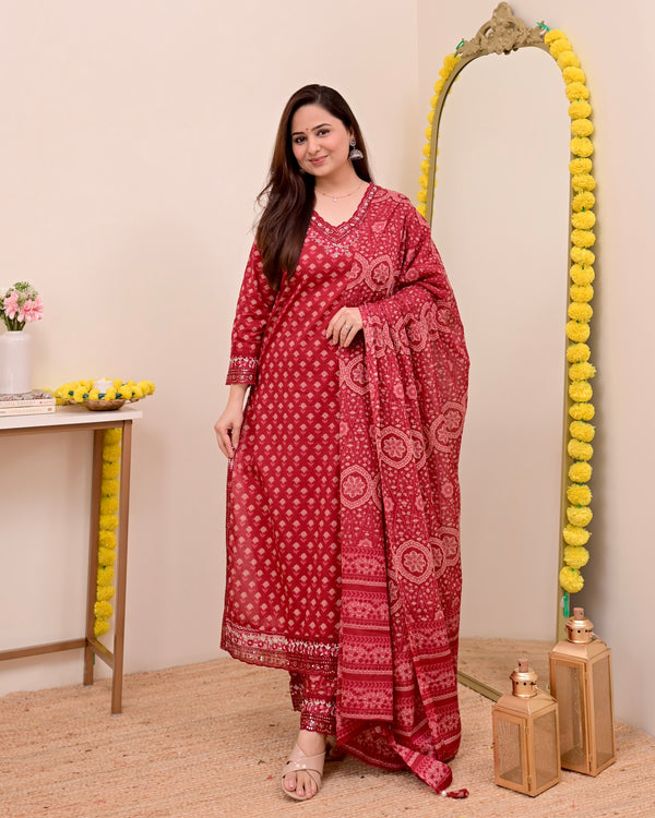 Crimson Red Charm Floral Cotton Suit