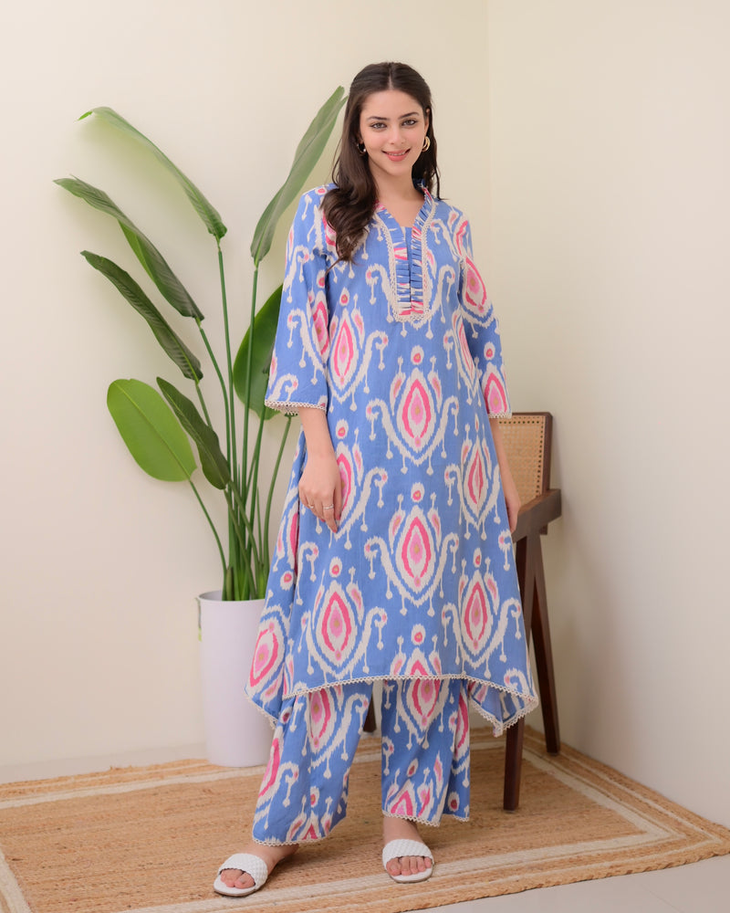 Blue Baroque A Line Cotton Kurta Set