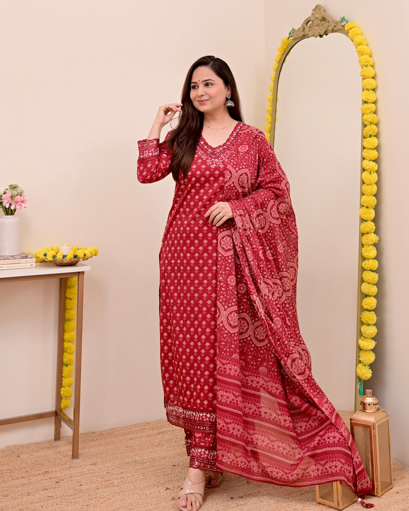Crimson Red Charm Floral Cotton Suit