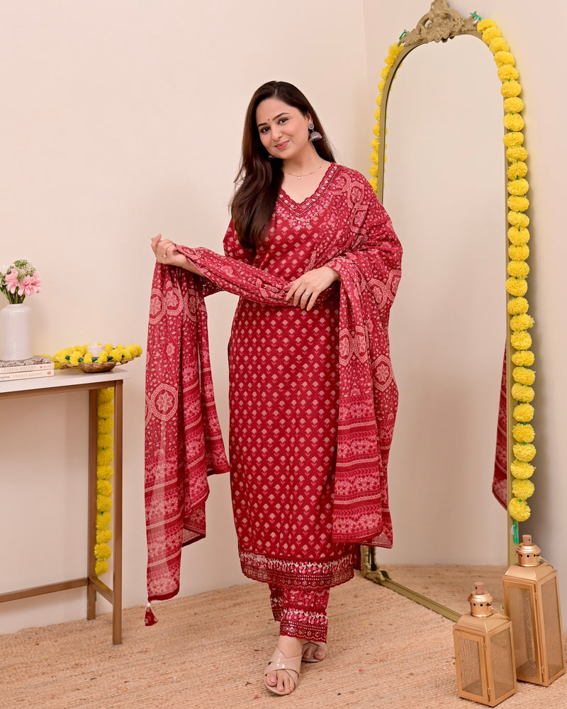 Crimson Red Charm Floral Cotton Suit