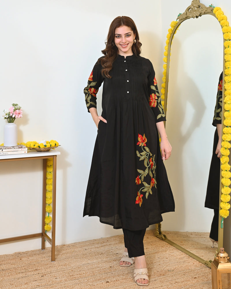 Black A Line Threadwork Roman Silk Kurta Set
