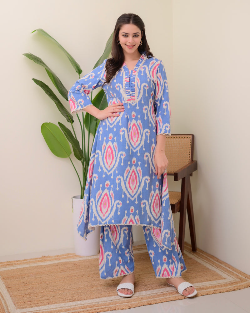 Blue Baroque A Line Cotton Kurta Set