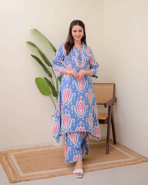 Blue Baroque A Line Cotton Kurta Set