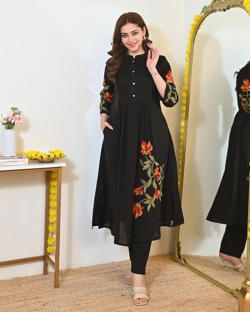 Black A Line Threadwork Roman Silk Kurta Set