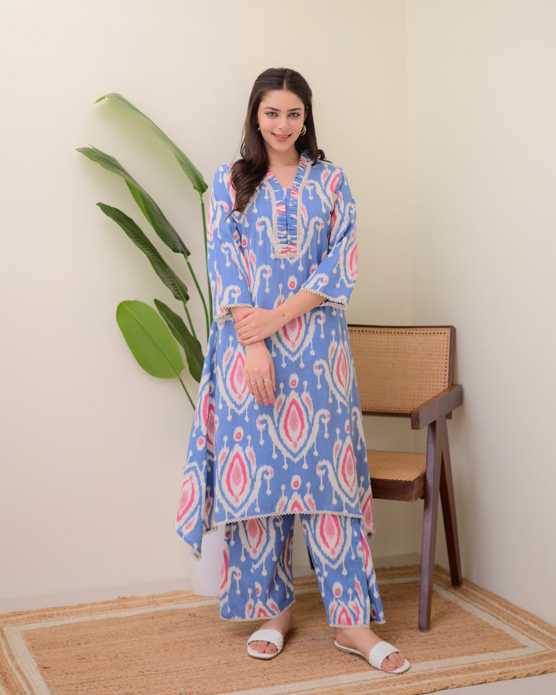 Blue Baroque A Line Cotton Kurta Set