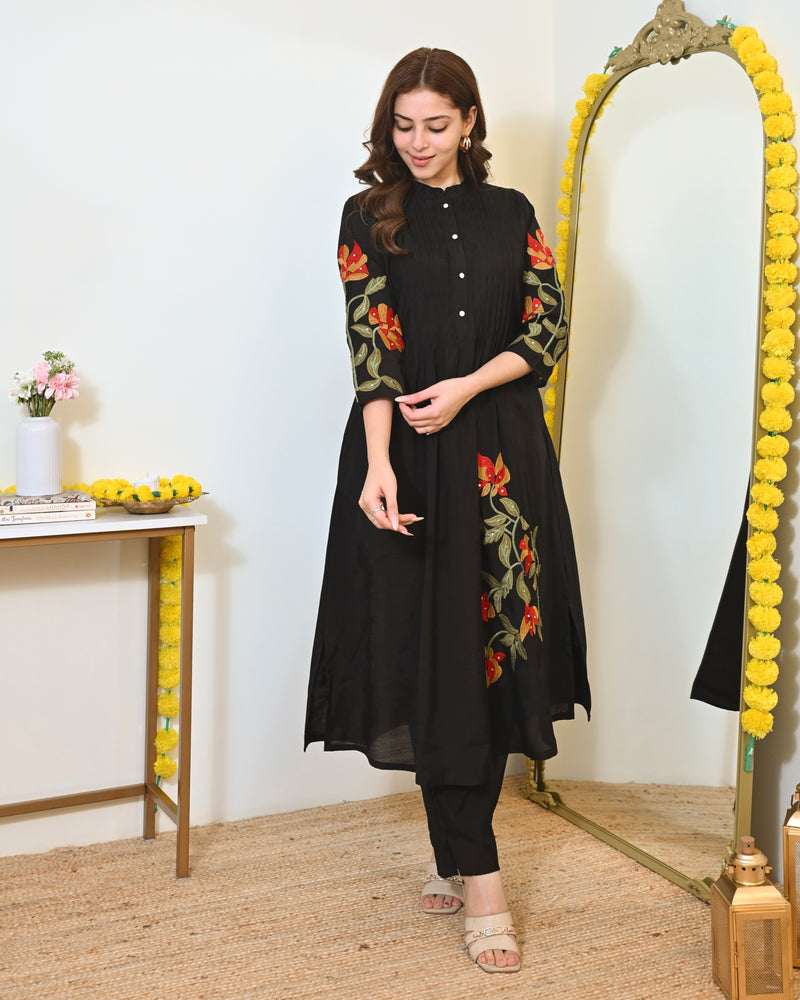 Black A Line Threadwork Roman Silk Kurta Set