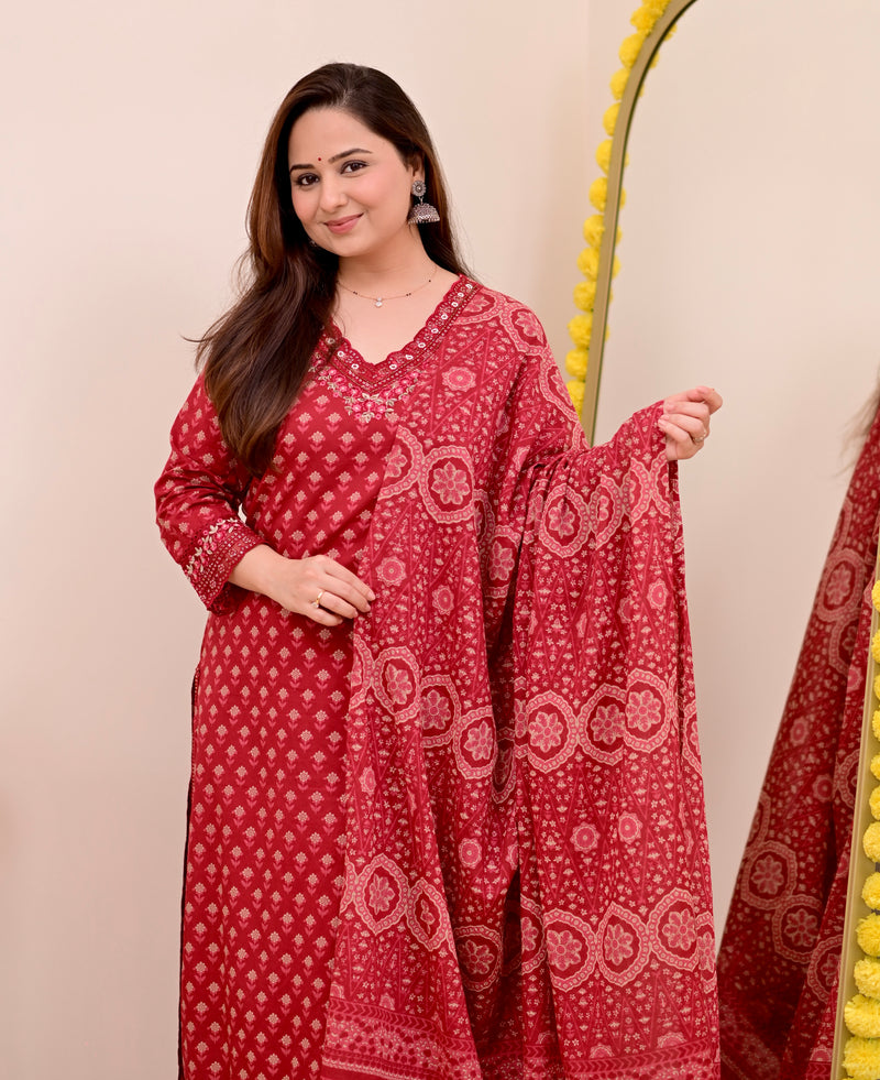 Crimson Red Charm Floral Cotton Suit