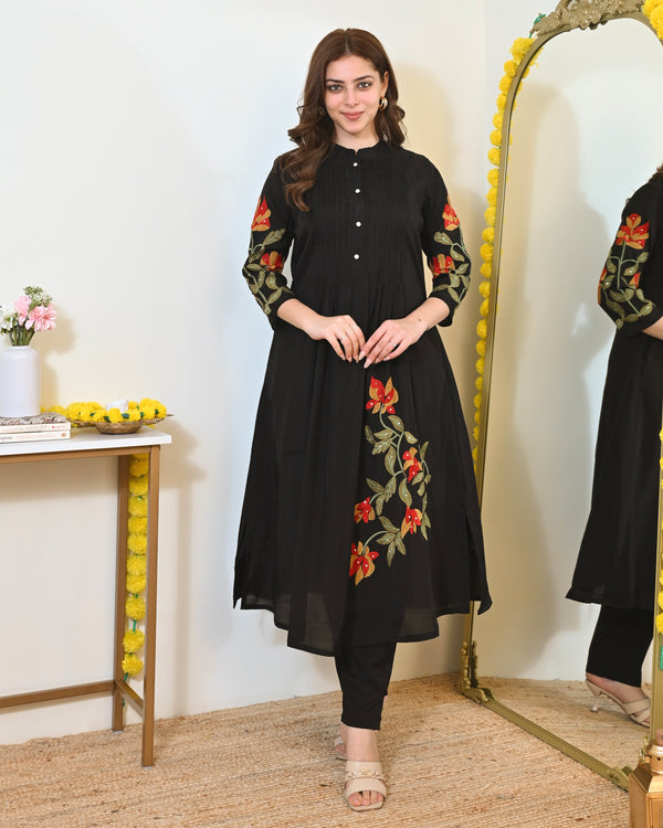 Black A Line Threadwork Roman Silk Kurta Set
