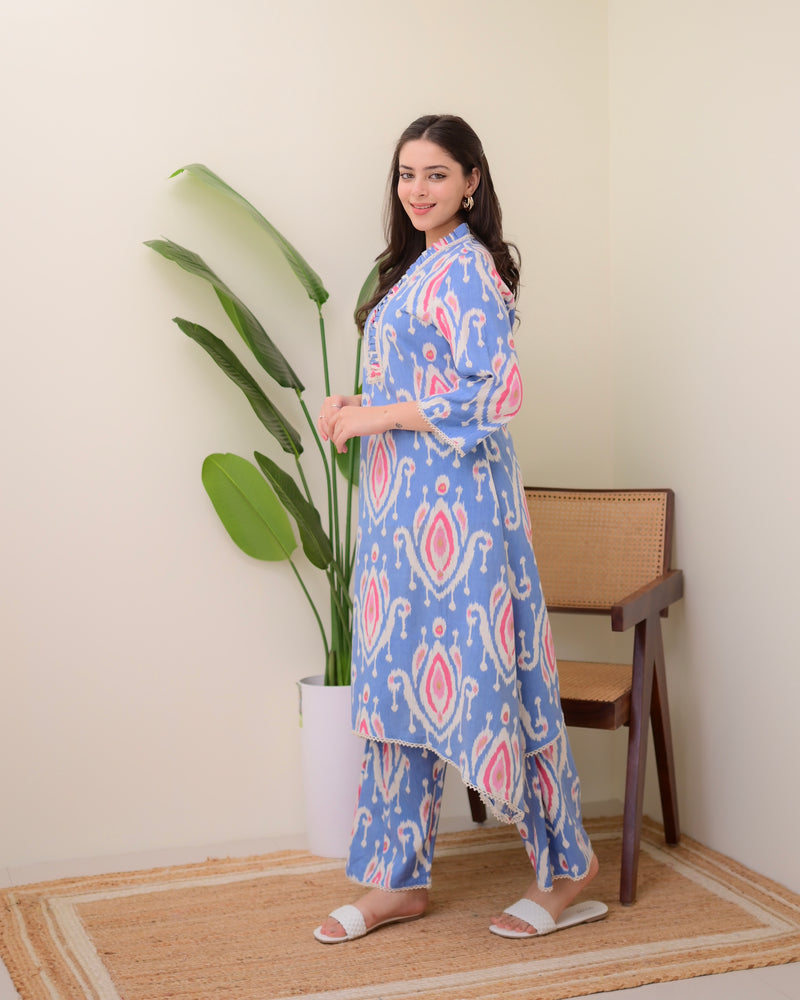 Blue Baroque A Line Cotton Kurta Set