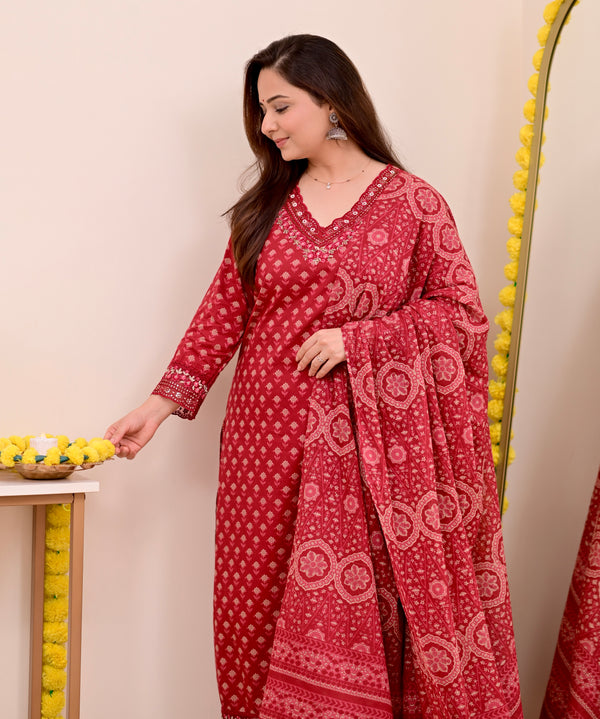 Crimson Red Charm Floral Cotton Suit