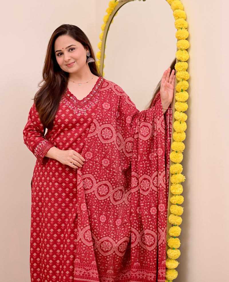 Crimson Red Charm Floral Cotton Suit