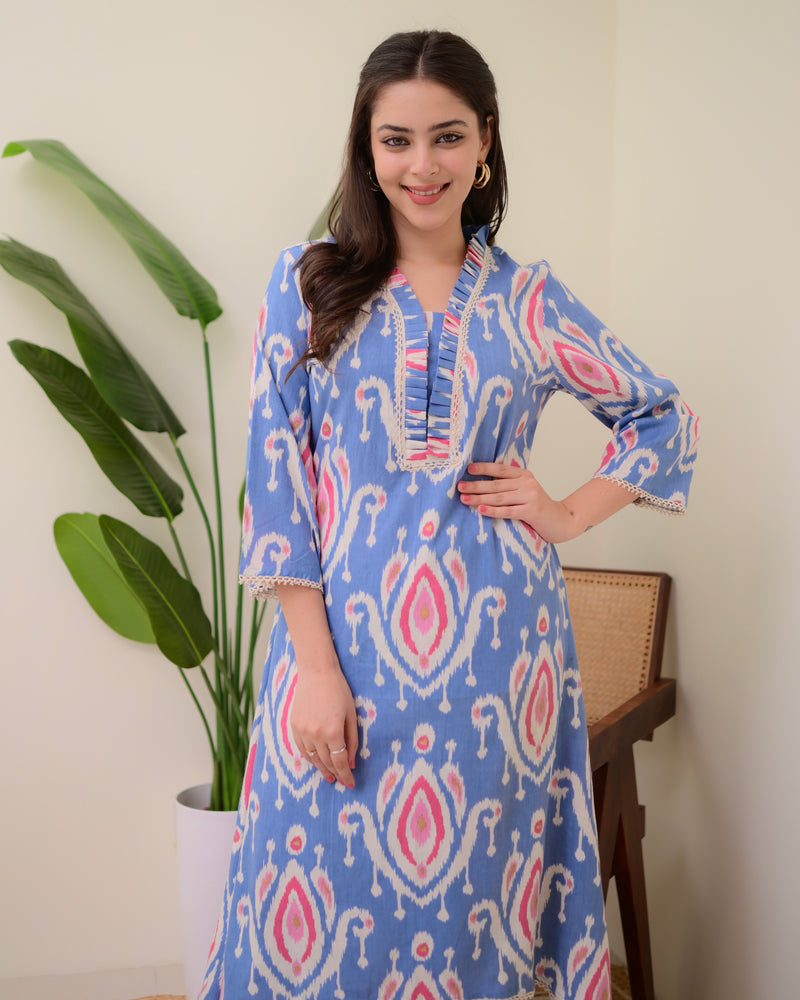Blue Baroque A Line Cotton Kurta Set