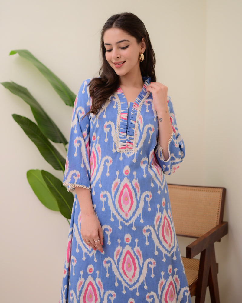 Blue Baroque A Line Cotton Kurta Set