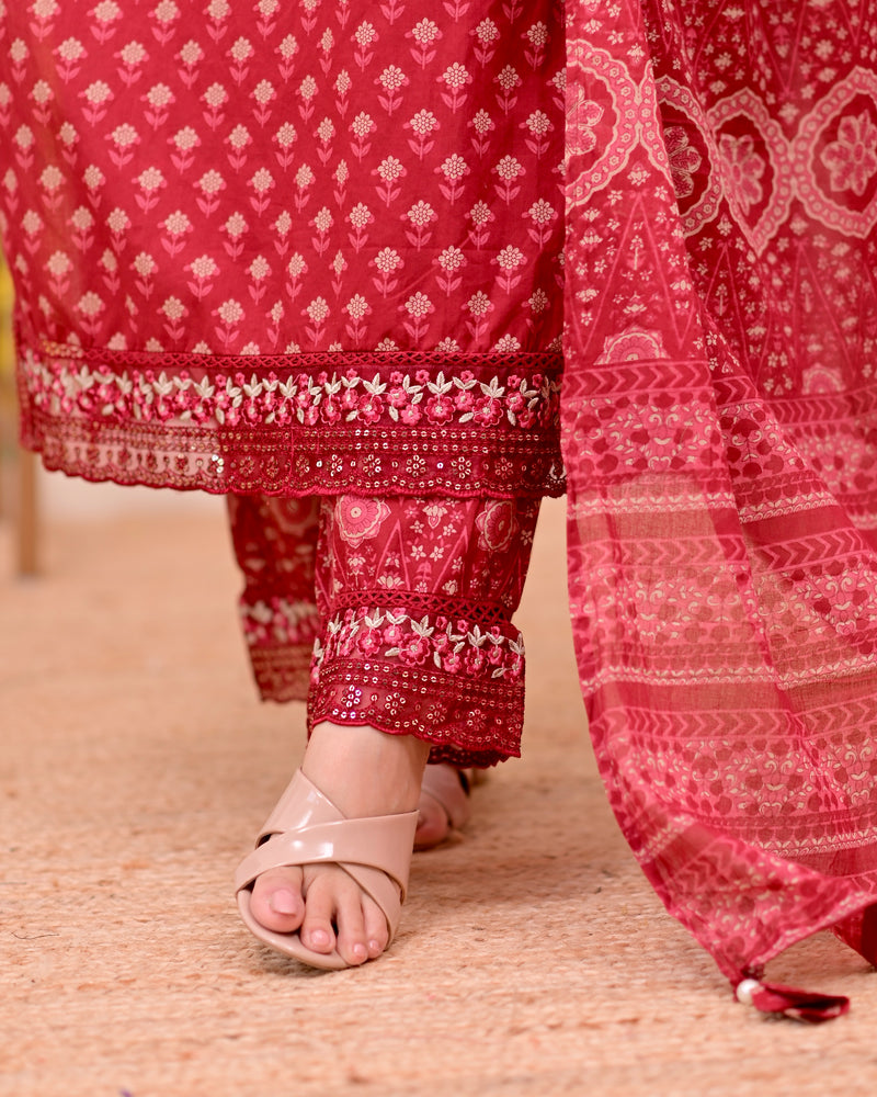 Crimson Red Charm Floral Cotton Suit