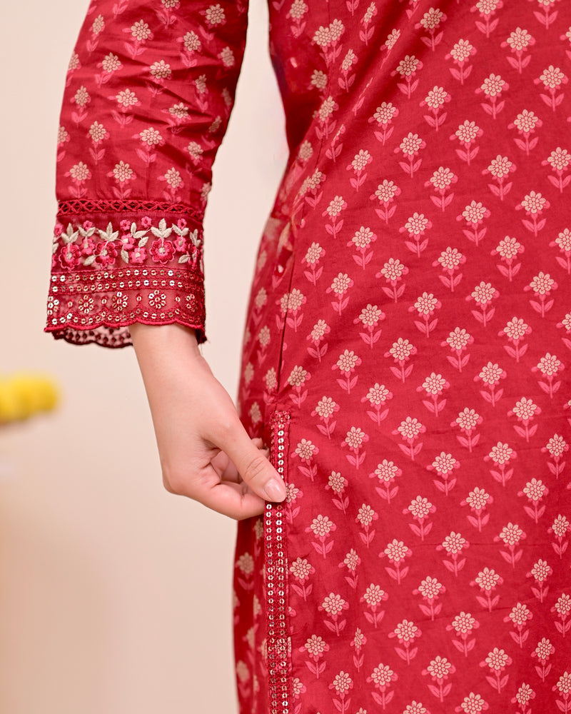 Crimson Red Charm Floral Cotton Suit