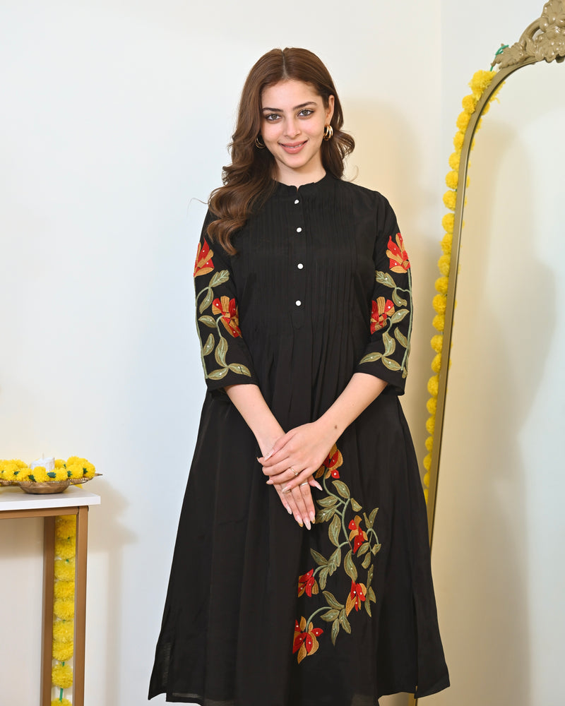 Black A Line Threadwork Roman Silk Kurta Set