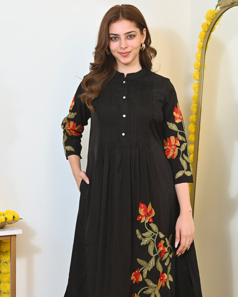 Black A Line Threadwork Roman Silk Kurta Set