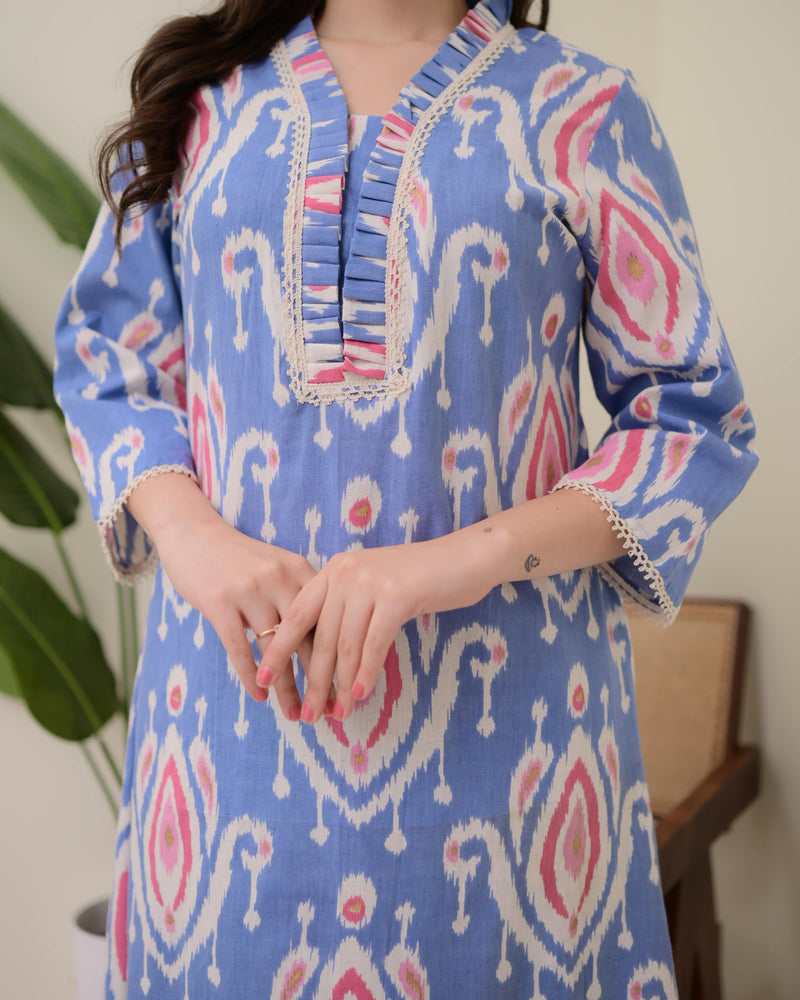 Blue Baroque A Line Cotton Kurta Set