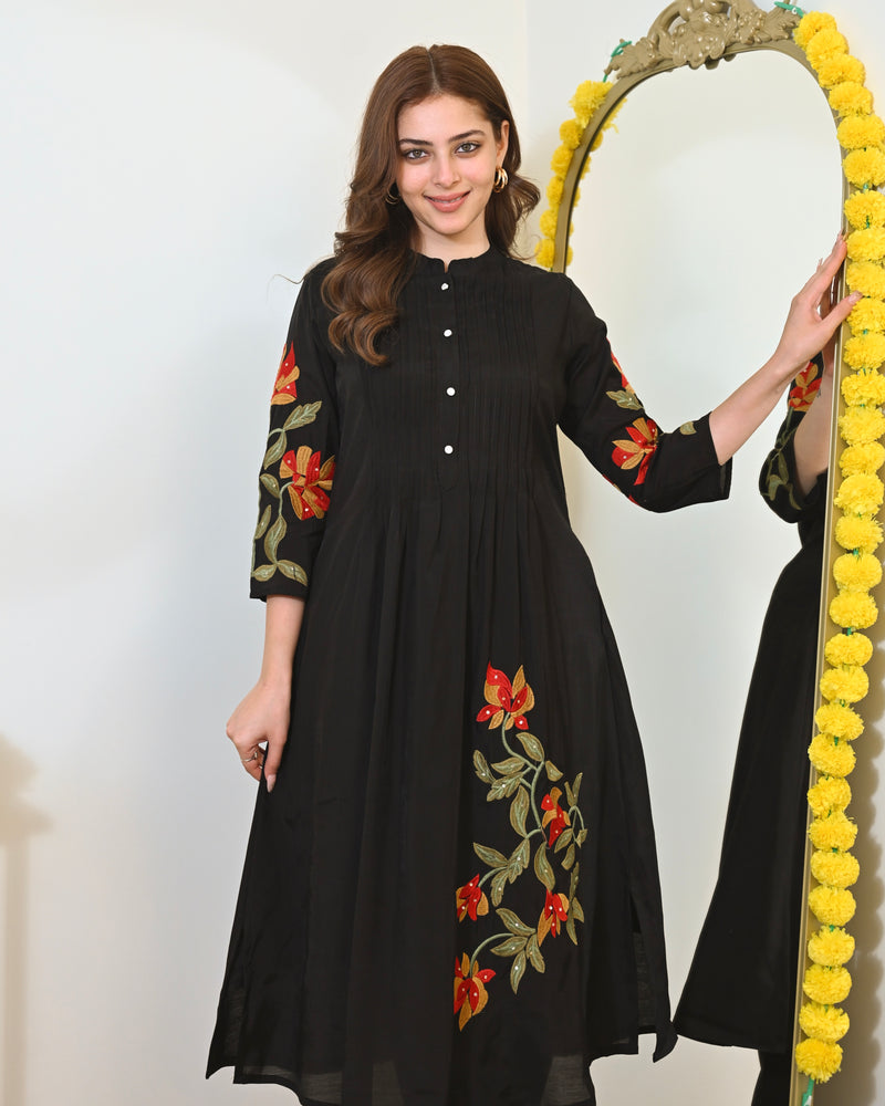 Black A Line Threadwork Roman Silk Kurta Set