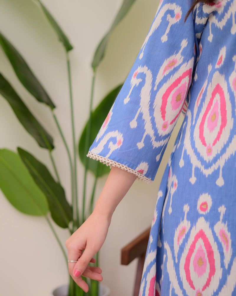 Blue Baroque A Line Cotton Kurta Set