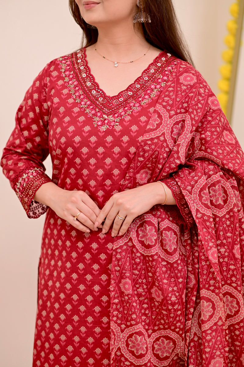 Crimson Red Charm Floral Cotton Suit