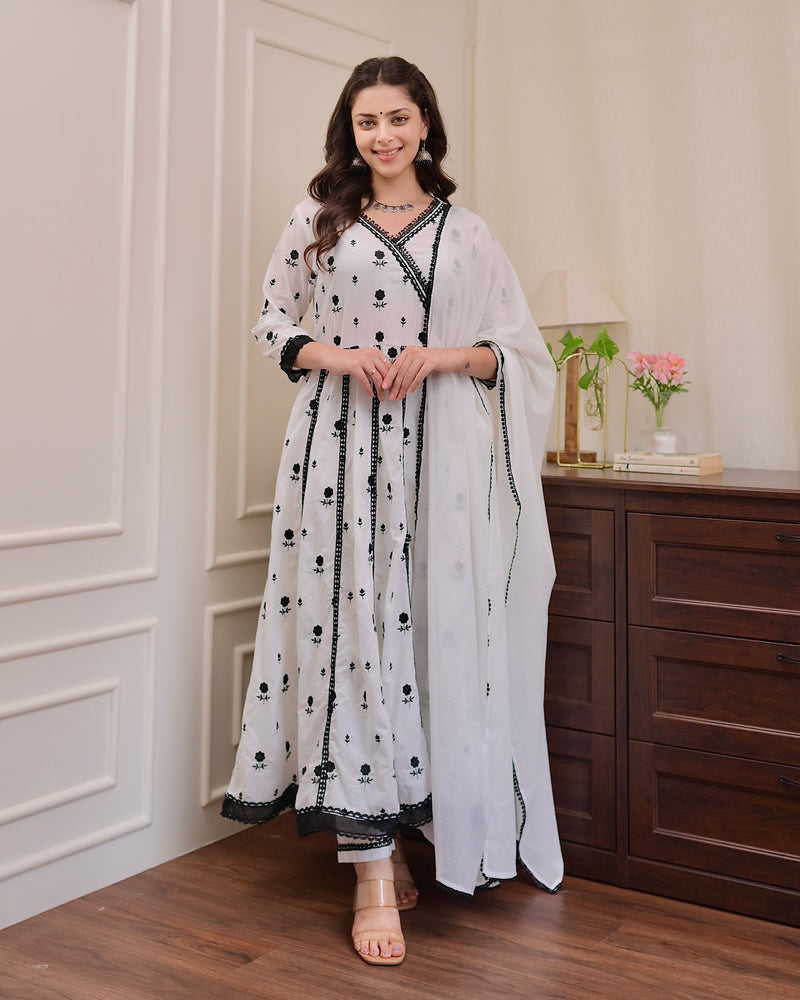 White Black Chikankari Cotton Anarkali Suit