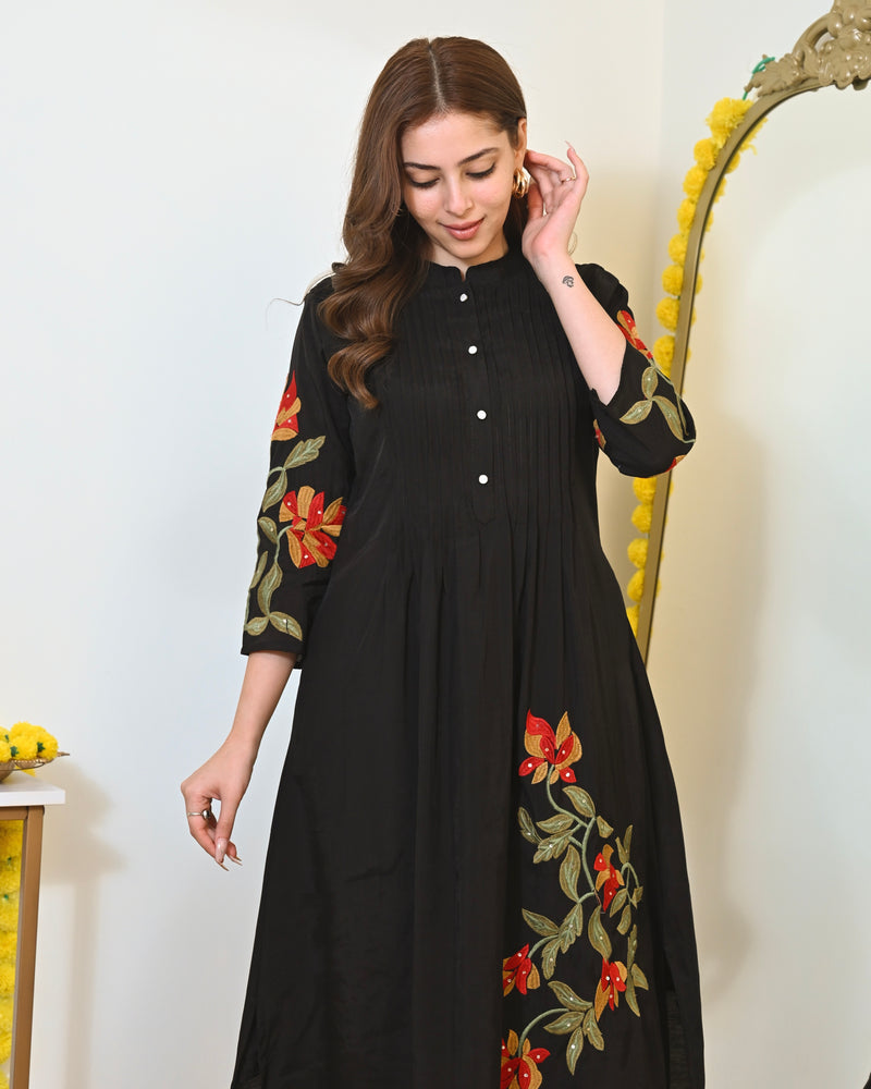 Black A Line Threadwork Roman Silk Kurta Set