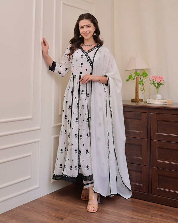 White Black Chikankari Cotton Anarkali Suit