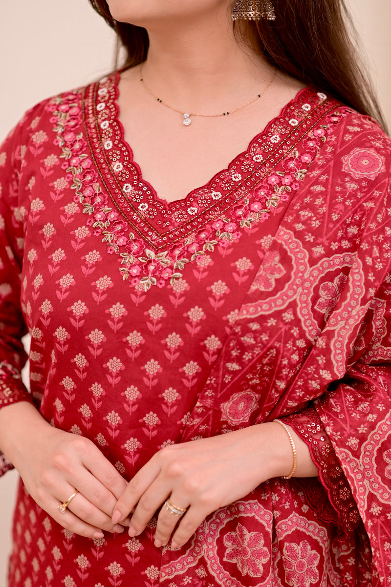 Crimson Red Charm Floral Cotton Suit